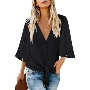 Casual Black V-Neck Blouse, Size 2XL